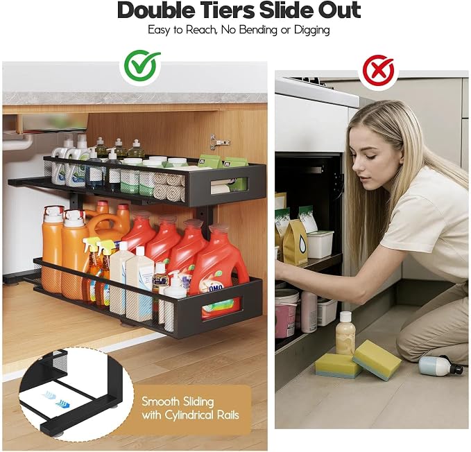 2 Packs 21IN Depth Under Sink Organizer, 2-Tier Pull Out Cabinet Organizer With Smooth Circular Rail, Large Capacity Metal Mesh Sliding Drawers For Bathroom& Kitchen Storage,Height Adjustable-Black