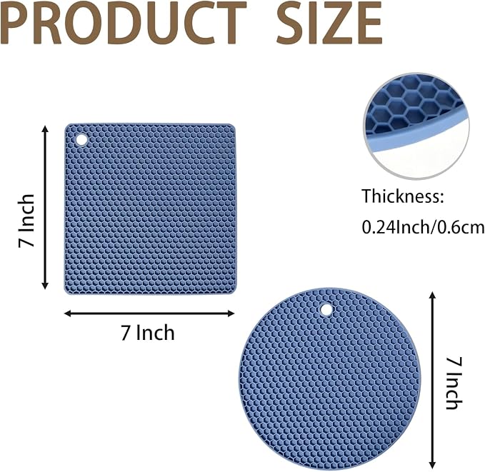 6-Pack Silicone Trivet Mats, Heat Resistant Hot Pads, Dishwasher Safe Kitchen Mats, BPA-Free Pot Holders for Table, Countertop, Stove, Honeycomb Design (Blue, 7” Square/Round)