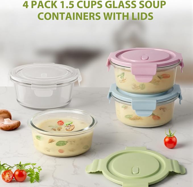 1.5Cup/12oz Small Glass Containers with Lids, Airtight Food Storage, 4 Pack | Leakproof丨Food Grade丨BPA-Free丨Borosilicate Glass丨Meal Prep Lunch Soup Leftovers丨Microwave Oven Dishwasher&Freezer Safe丨Round