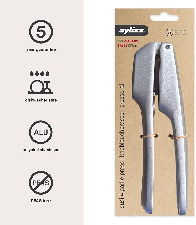 Zyliss Susi 4 Garlic Press - Garlic Crusher for Efficient Mincing - Odor-Free Hands - Large Chamber Made of Durable Stainless Steel - Mess-Free Kitchen Gadget - PFAS-Free Non-Stick Coating - Silver