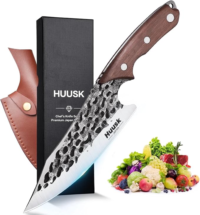 Huusk Viking Knife with Sheath - Hand Forged Boning Knife for Meat Cutting, Japanese Chef Knives for Kitchen, Outdoor Camping, Gift for Men and Women