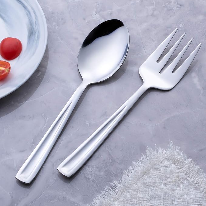 GoGeiLi Stainless Steel Serving Spoon and Serving Fork Set, Include 3 Large Serving Spoon and 3 Serving Fork, 9.5-inch Catering Serving Utensil Set, Dishwasher Safe