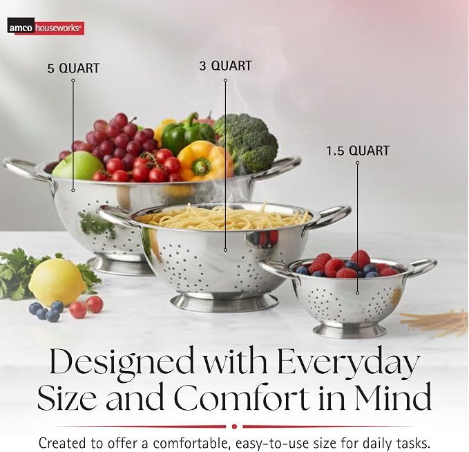 Amco 3-Piece Stainless Steel Colander Set - Silver, Set of 3