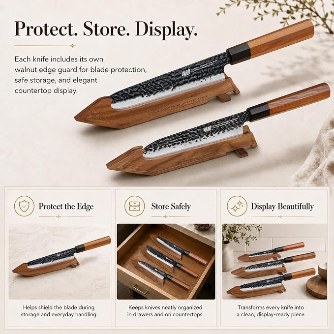FINDKING Kitchen Knife Set with Individual Wooden Blocks, 4 Japanese Knives with Walnut Edge Guards, High Carbon Steel Blades, for Meat, Fruits, Vegetables, Dynasty Series