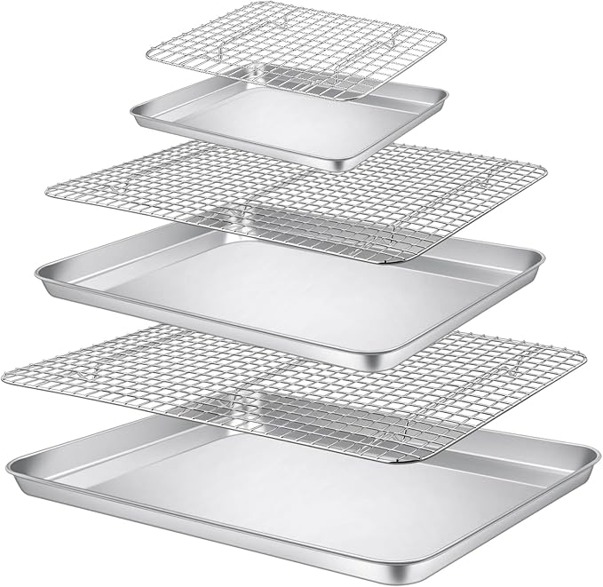 P&P CHEF 17.5 + 16 + 10.4 Inch Baking Sheet Pan and Cooking Rack - 6 Pieces | 3x Cookie Sheet + 3x Grid Rack, Stainless Steel Oven Tray with Wire Rack for Oven Baking, Healthy & Sturdy & Easy to Clean