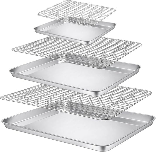 P&P CHEF 17.5 + 16 + 10.4 Inch Baking Sheet Pan and Cooking Rack - 6 Pieces | 3x Cookie Sheet + 3x Grid Rack, Stainless Steel Oven Tray with Wire Rack for Oven Baking, Healthy & Sturdy & Easy to Clean