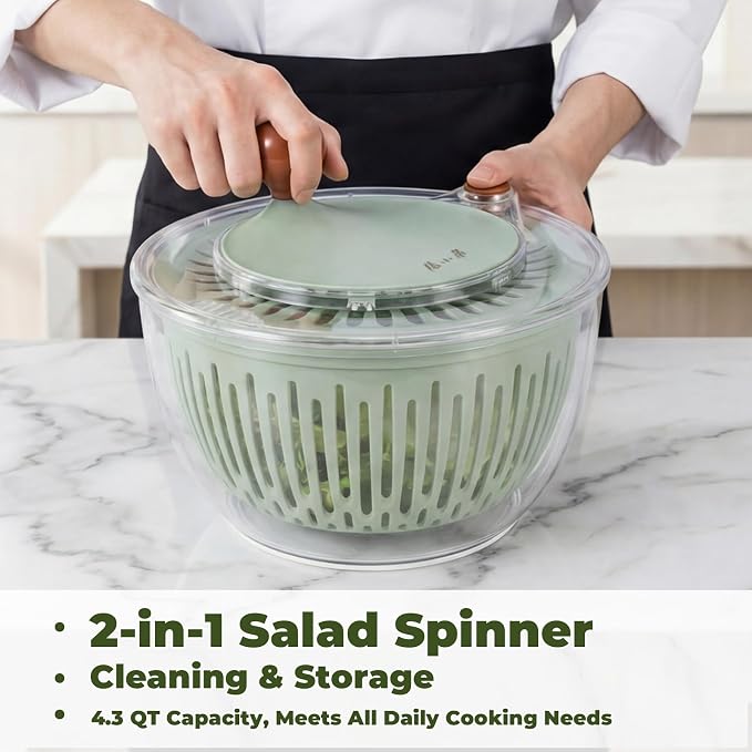 Salad Spinner Large Lettuce Spinner 4.3 Qt with Non-Slip Base & Stop Button Vegetable Dryer & Fruit Washing Bowl for Efficient Salad Prep