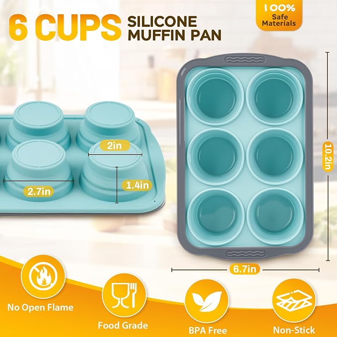 Silicone Muffin Pan, 6 Cups Non-Stick Cupcake Pan, Food-Grade BPA-Free Muffin Tin, Oven-Safe 450 °F, Reinforced Steel Frame, Easy-Grab Handles, Quick-Release 2.7" Baking Molds for Mini Treats