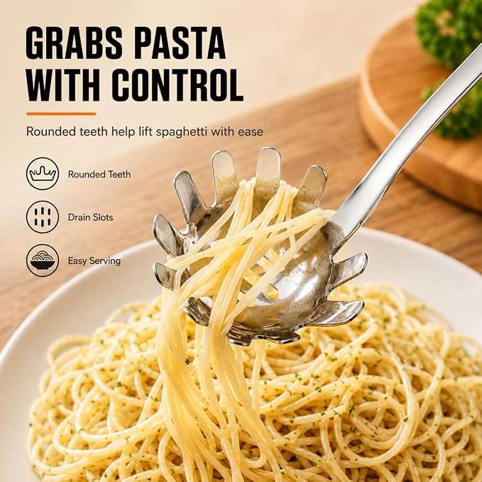 Stainless Steel Pasta Spoon, Spaghetti Server with Teeth, Metal Pasta Fork for Noodles, Linguine, Fettuccine and Macaroni, Dishwasher Safe