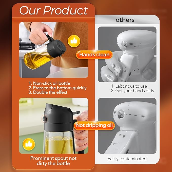 YARRAMATE 16 oz 2-in-1 Glass Olive Oil Sprayer for Cooking, Black&Black | Food-grade dispenser bottle, 470 ml, spray and pour, portion control, stickers included, for salad, frying and BBQ