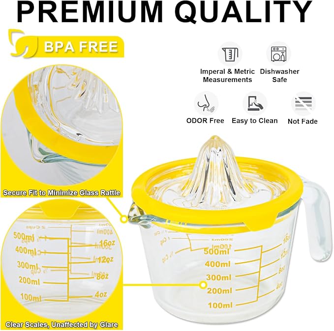 Cartman Glass Citrus Lemon Orange Juicer, Yellow Manual Hand Squeezer, Glass Citrus Reamer, Lemon and Lime Manual Squeezer,Kitchen tool,Ounce Measuring Cup