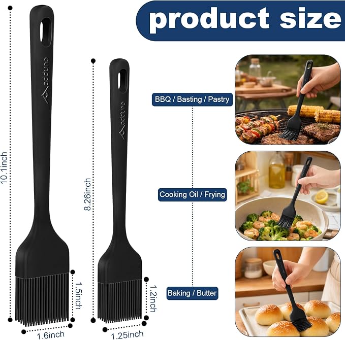 Silicone Basting Brush Set, 2-Pack Food-Grade BPA-Free Pastry Brush, 446°F Heat Resistant with Reinforced Inner Core, One-Piece Design for BBQ, Grilling, Baking, Butter, Marinades & Oil (Black)