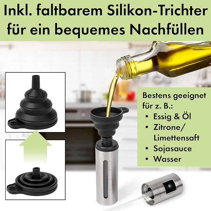 ProfiCook® Vinegar and oil sprayer, spray bottle for vinegar, oil, water, soy sauce and much more, oil sprayer ideal for fitness and diet, 100 ml, oil spray bottle with scale and silicone funnel, set