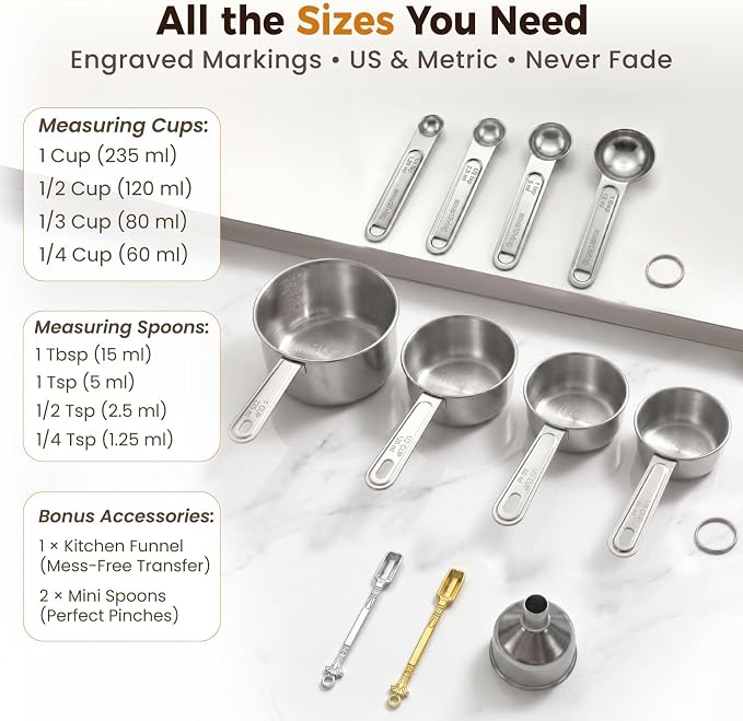 11 PCS Measuring Cups and Spoons Set with Funnel & Mini Spoons for Baking | Stainless Steel Build, For Dry & Liquid Ingredients, Dishwasher Safe, Clear Markings for Reading, Gift for Bakers & Cooks