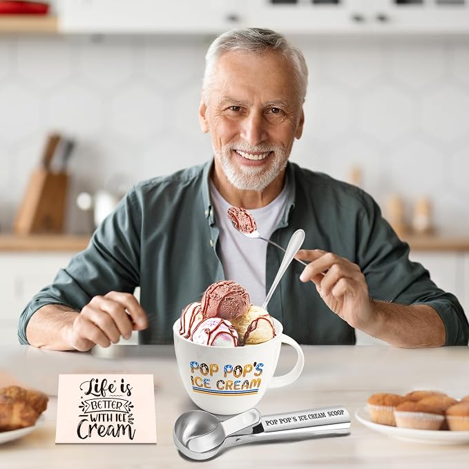 FUTBU Pop Pop Gifts, Gifts for Poppop from Grandkids, Pop Pop's Ice Cream Bowl Scoop Shovel Spoon Set, Pop-Pop’s Ice Cream Gift, Ideal Xmas Birthday Father's Day Man Gifts