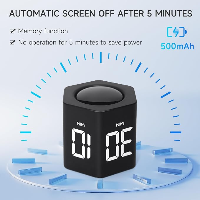 Productivity Timer 1, 5, 10, 30, 60 Minutes Preset, Desk Cube Timer with Gravity Sensor/Mute/Vibration for ADHD, Work, Study, Kitchen, Back to School (Black)
