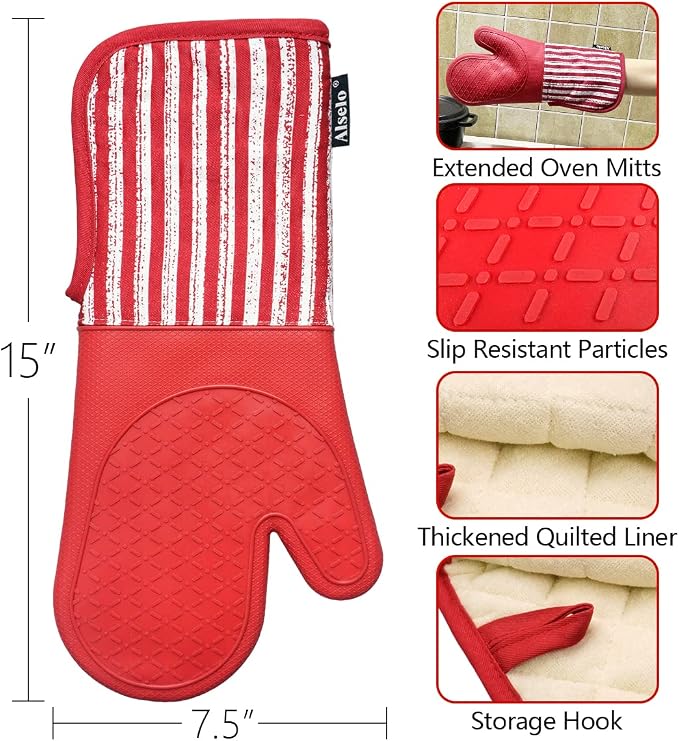 Alselo Silicone Oven Mitts Heat Resistant 932℉ with Waterproof & Non-Slip Kitchen Mittens, Set of 2 Extra Long Oven Gloves with Soft Cotton Terry Lining for Baking Cooking Barbecue (2, Red Mitts)
