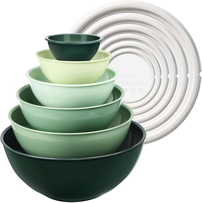 Greentainer Plastic Mixing Bowls with Lids Set for Kitchen, 6 Set Nesting Bowls for Mixing, Baking, Prepping, Cooking and Serving Food, Mixing Bowls Dishwasher, Microwave Safe