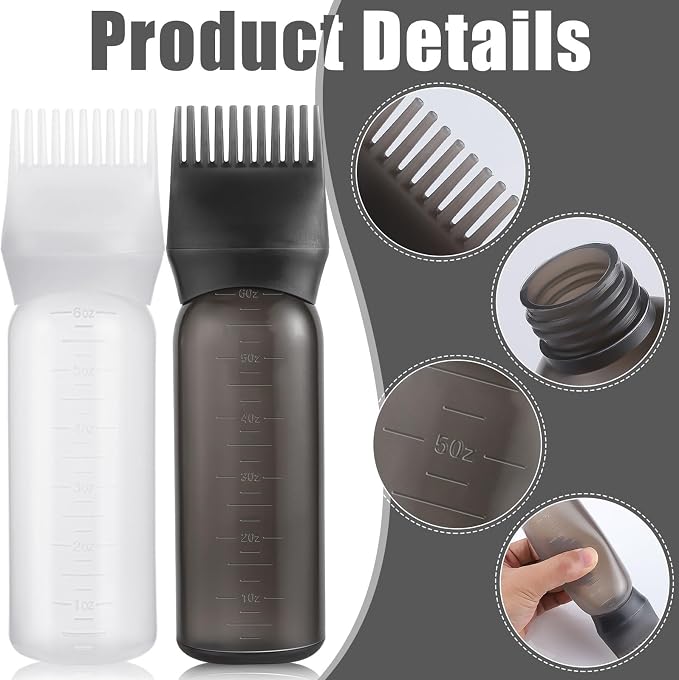 Pimoys 2 Pcs 6Oz Root Comb Hair Dye Oil Applicator Bottles For Scalp | Black White, Plastic Squeeze Bottle Dispenser with Graduated Scale, Comb Tip Applicator For Hair Coloring Oiling Home Salon