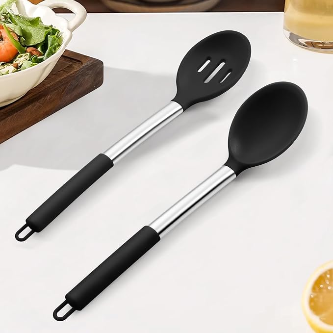 TeamFar Silicone Cooking Spoon, 2 PCS Large Nonstick Kitchen Spoons, Heat-Resistant Solid and Slotted Spoons for Cooking Mixing Serving Stirring, Healthy & Dishwasher Safe, Black