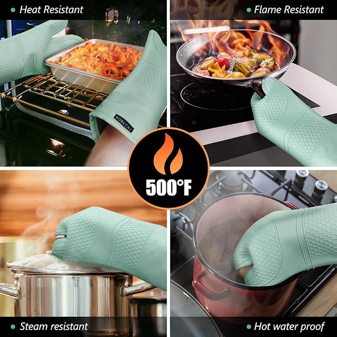 Rorecay 6pcs Oven Mitts and Pot Holders Sets Heat Resistant 500 Degrees, Extra Long Silicone Oven Gloves Non-Slip Potholders Hot Pads for Kitchen Baking Cooking, Quilted Liner, Bermuda Teal