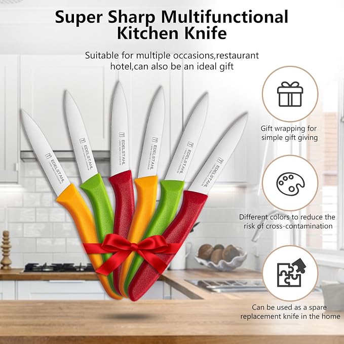 Paring Knives,Stainless Steel Paring Knife Set of 6,Premium Vegetable&Fruit Knife,Small Knife Set,Straight Edge,Ergonomic Handle Paring Knives,Peeling Knifes(Red&Orange&Green)