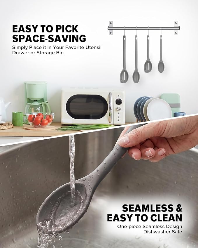 Silicone Cooking Spoons Set, Heat Resistant Kitchen Utensils, Non-Stick BPA Free Solid & Slotted Spoons for Mixing, Scooping, Draining, Serving, Basting (4 Pack) (GREY)