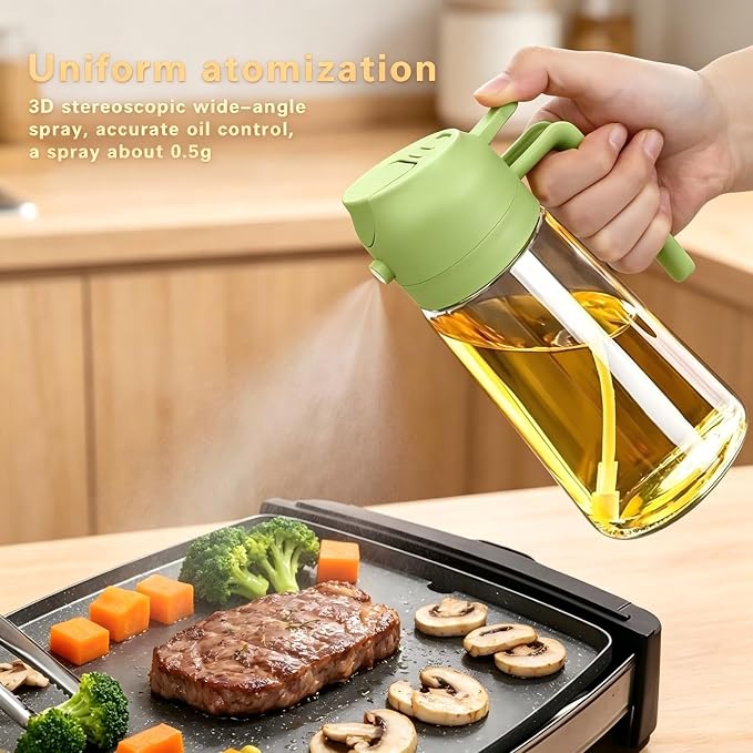 2 in 1 Olive Oil Spray Bottle, 470ml/16oz Glass Oil Sprayer for Home and Kitchen, Olive Oil Dispenser Bottle for Air Fryer, Salad, BBQ (Green)