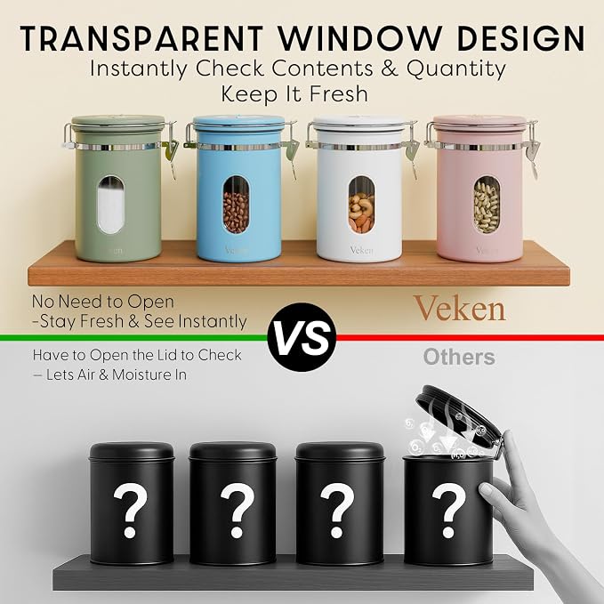 Veken Coffee Canister with Window, Airtight Stainless Steel Container, 22OZ | Kitchen Food Storage Organizers for Beans, Ground, Espresso, Rice,Tea, Sugar,Cereal, Gifts,Lids,Jars,Scoop,White