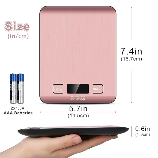 Food Scale Kitchen-Scale 11lb/5kg Food Scale for Kitchen Stainless Steel LCD Display Tare Function (g/oz/ml) for Meal Prep Coffee (Batteries Included) Pink