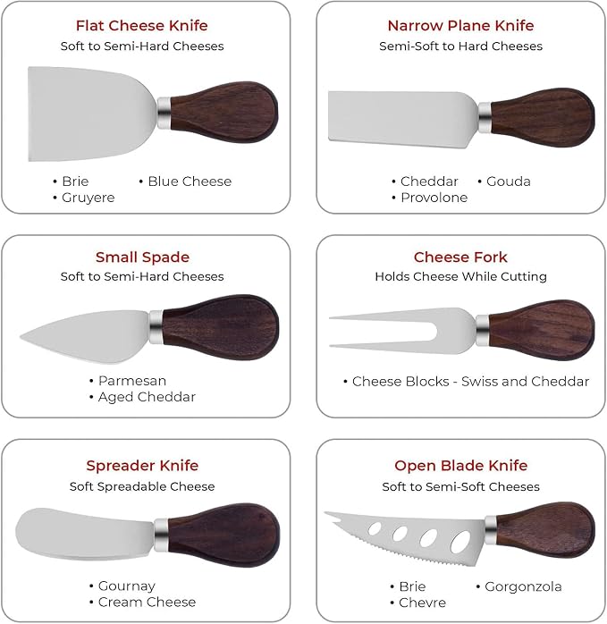 Spreader Knife Set for Cheese Butter, Stainless Steel with Wooden Handles, 6-Piece Party Wedding Christmas Charcuterie Board Accessories, Mini Serving Tongs Spoons Forks Set