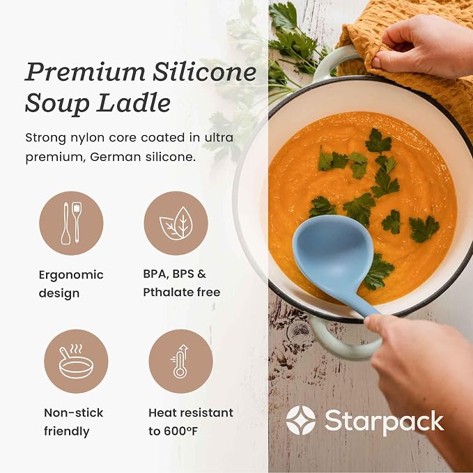 Starpack 'Ladle of Love' Premium Silicone Ladle Spoon 11" - Soup Ladles High Heat Resistant to 600°F - Kitchen Laldes for Serving - Non Stick Silicone Ladles - LFGB Grade Rubber Cooking Spoon - Blue