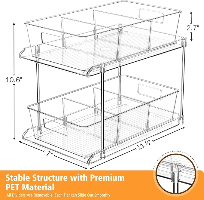 Bathroom Under Sink Organizers and Storage, 2 Tier, 3 Packs | Clear Vanity Countertop Pull-out Cabinet Organizer, Stackable Multi-Purpose Kitchen Pantry Organization with Dividers