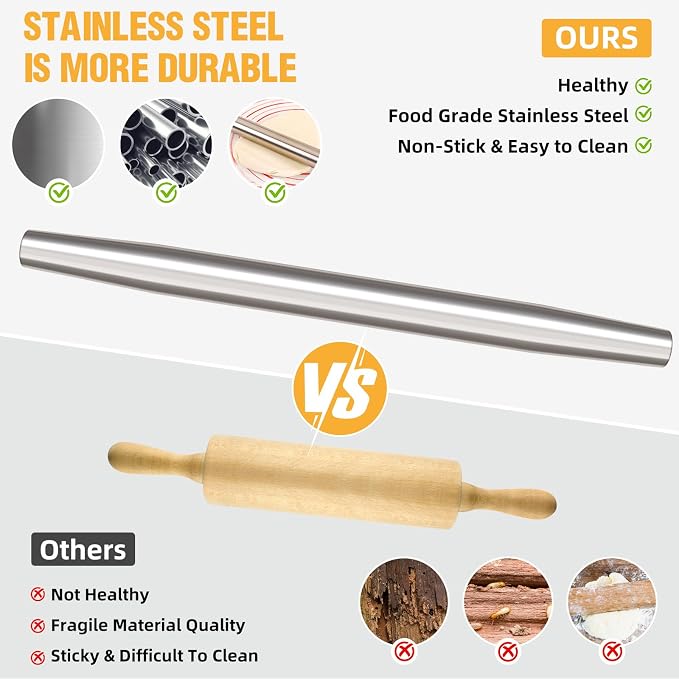 AMUZHI Smooth Seamless Stainless Steel Rolling Pin, 8.86 Inch | Easy to clean food grade metal, ideal for daily pizza, pie, pasta, dumpling and cookie dough household baking
