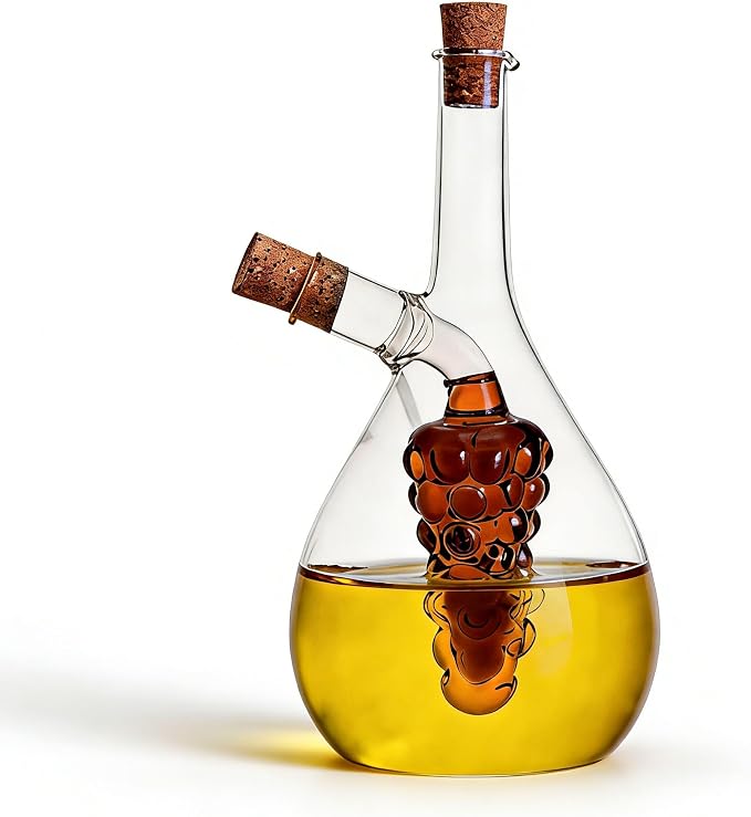 ELETON Grape Motif 2 in 1 Glass Oil and Vinegar Dispenser – Dual Chamber Cruet Bottle for Olive Oil & Balsamic, Leakproof Kitchen Container with Cork Stopper