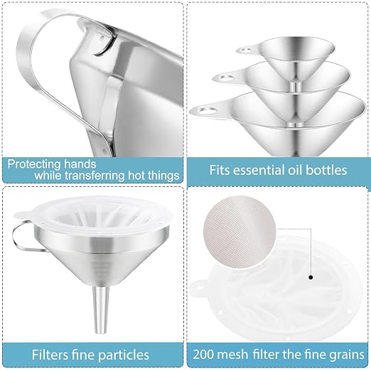Toncoo 4 Pack Stainless Steel Funnels for Kitchen Use, Food Grade Cooking Funnel with 2 Strainer, Kitchen Funnel Set Metal Funnels for Filling Bottles