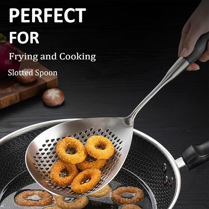 KAYCROWN Skimmer Slotted Spoon, 16.8 Inch 304 Stainless Steel Skimmer Ladle Spoon Spider Strainer for Cooking and Frying, Pasta Strainer Frying Spoon for Kitchen, Black