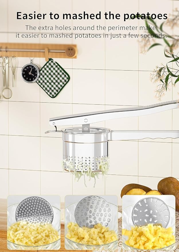 GloTika Large 15oz Potato Ricer with 3 Interchangeable Discs, Heavy Duty Stainless Steel Potato Masher with Ergonomic Handle, Masher and Ricer Kitchen Tool for Mashed Potatoes, Noodle Maker