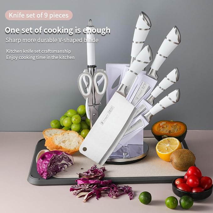 Kitchen Knife Set, 9Pcs White Knife Set with Rotation Block, Ergonomical Handle,Non Stick Sharp Stainless Steel Chef Knife Block Set for Home Cooking Gift
