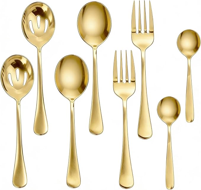 8 PCS Serving Utensils,8.7 Inch Large Serving Spoons,Slotted Spoon,Forks,Mini Coffee Spoons,Stainless Steel Serving Sets for Buffet Catering Banquet Party,Dishwasher Safe (8 Pcs(Gold))