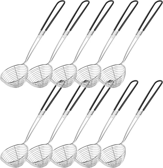 Geiserailie 10 Pieces Hot Pot Kit Strainer Scoops Stainless Steel 2.5 Inch Mini Spider Strainer Skimmer Pasta Mesh Spoon Asian Skimmer Spoon Ladle with Handle for Home (Black)