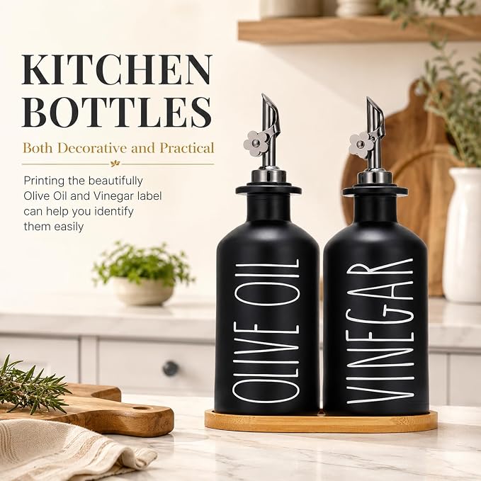 HOMCDALY Premium Olive Oil Dispenser for Kitchen, 11.8oz Glass Oil Bottles with Bamboo Tray, Black Oil&Vinegar Cruet Set, Kitchen Dispenser Bottles with Pourer | Set of 2 (11.8oz –P–Black)