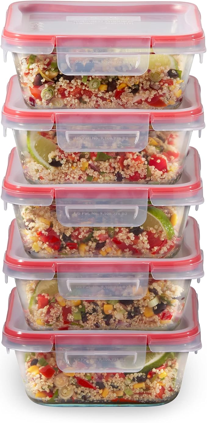 Pyrex Freshlock (5-Pack, 4 Cup) Glass Food Storage Containers Set | Meal prep containers with BPA-free plastic airtight locking lids, freezer, dishwasher, & microwave safe