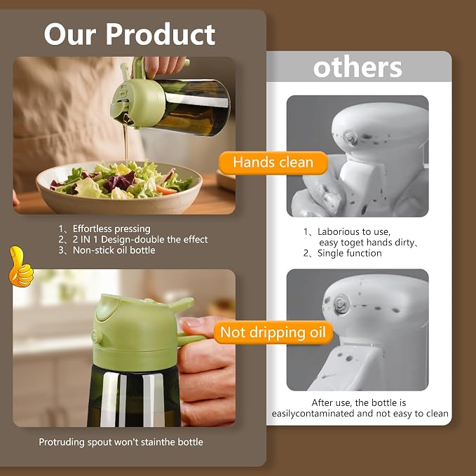 SWEET VIEW Olive Oil Dispenser and Oil Sprayer | 16oz/470ml Glass Light-Proof Oil Pourer for Kitchen Air Fryer, Cooking, Salad, and BBQ, with Stickers
