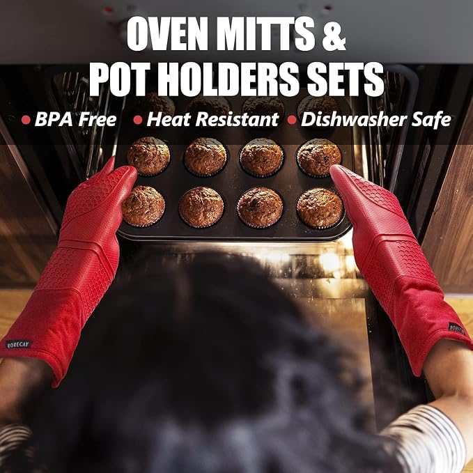 Rorecay 6pcs Oven Mitts and Pot Holders Sets for Kitchen, Extra Long Silicone Oven Gloves Heat Resistant 500 Degrees Non-Slip Potholders Hot Pads for Baking Cooking, Quilted Liner, Red