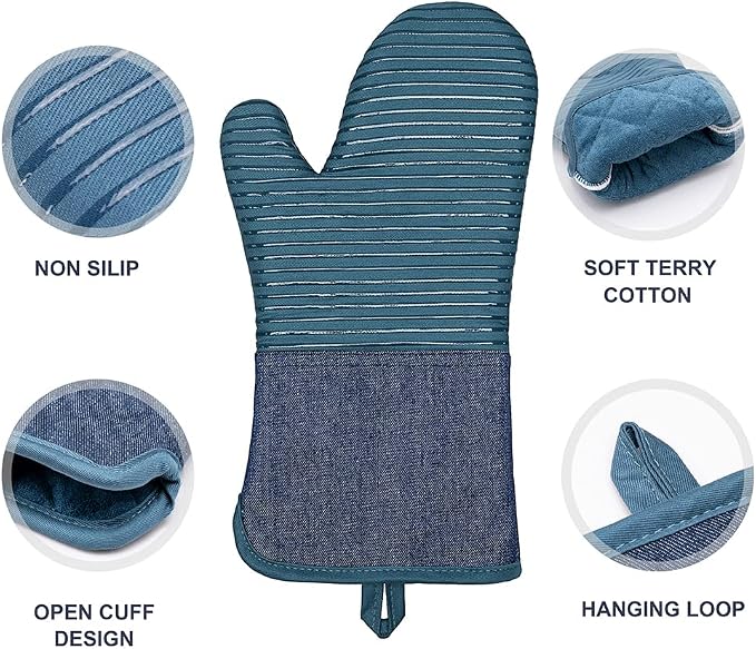 Yutat Oven Mitts, Pot Holders Set of 4 Made with Pure Cotton and Food Grade Non-Slip Silicone - 500 F Heat Resistant Oven Mitts and Pot Holders Sets for Kitchen Cooking (4pcs Set, Pc Blue and Denim)