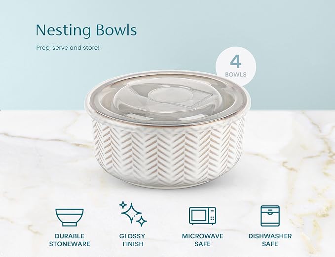KooK Serving Bowls, with Lids, Ceramic Nesting Bowls, Set of 4, Embossed, Kitchen, Prep, Stackable, Gift, Microwave and Dishwasher Safe, 16/29/47/70 oz, Narbonne Collection (Ivory)