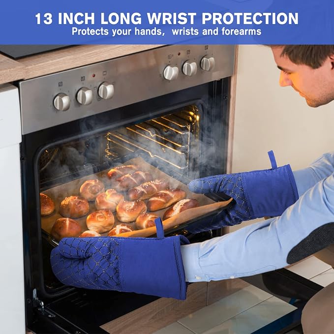6 Pcs Oven Mitts and Pot Holders, 500℉ Heat Resistant Oven Mitts with Kitchen Towels Soft Cotton Lining and Non-Slip Silicone Surface Safe for Baking, Cooking, BBQ (Blue)
