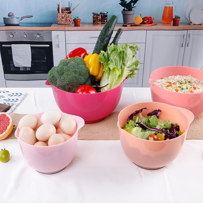 BoxedHome Mixing Bowls Set of 4, BPA Free Plastic,Microwave Safe, Rose Red | 4.5/3.5/2.5/1.7 quarts,Non-slip Base Large Nesting Bowl with Pour Spout, Dishwasher Safe, for Prep, Cooking,Baking