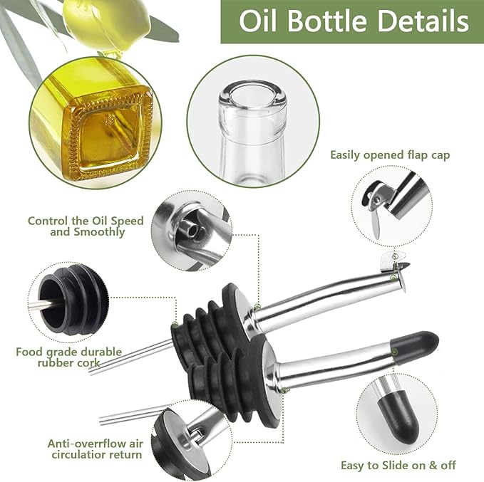Leaflai Olive Oil Dispenser Bottle, 2 Pcs Glass Olive Oil Dispenser and Vinegar Dispenser Set with 2 Stainless Steel Pourers, 4 Labels,1 Brush and 1 Funnel Oil Bottles for Kitchen (500ml)